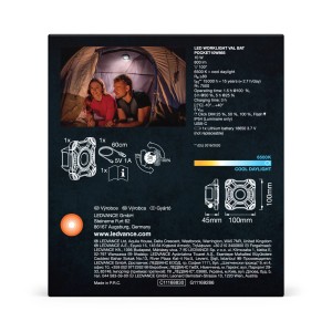 Confezione della lampada da lavoro a LED t.b.t.: scena di campeggio e dettagli tecnici.