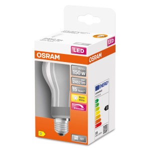 Lampadina LED E27 OSRAM, dimmerabile, bianco caldo, in confezione.