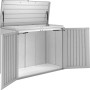 Box da giardino Biohort HighBoard 160 aperta in argento metallizzato, ideale come box per cuscini o per riporre oggetti.
