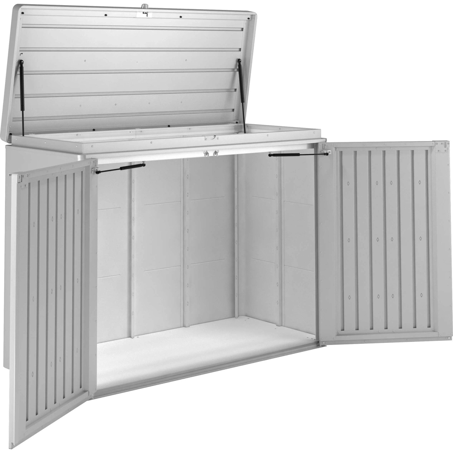 Box da giardino Biohort HighBoard 160 aperta in argento metallizzato, ideale come box per cuscini o per riporre oggetti.