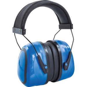 Cuffie antirumore blu LUX con archetto in acciaio armonico per protezione e comfort ottimali.