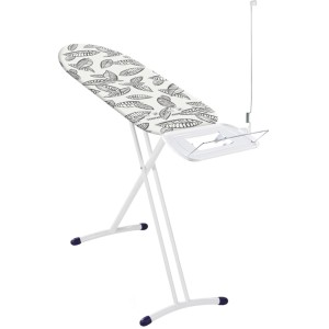 Asse da stiro Leifheit Air Board Express M Solid con motivo a foglie e ripiano per ferro a vapore.