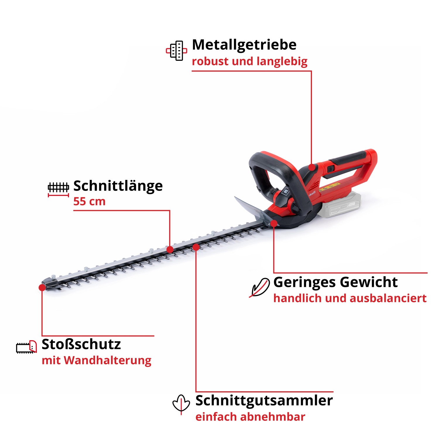 Tagliasiepi a batteria Einhell GC-CH 1855/1 Li Solo: rosso e nero con lama da 55 cm.