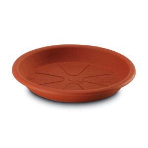 Sottovaso marrone in plastica per vasi da fiori.
