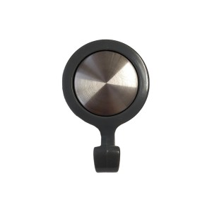 Gancio adesivo t.b.t. rotondo grigio con superficie argentata.