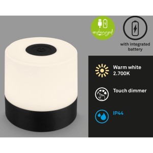 Brilo Lampada da tavolo a batteria Smal nera, luce decorativa a LED portatile con dimmer touch e protezione IP44.