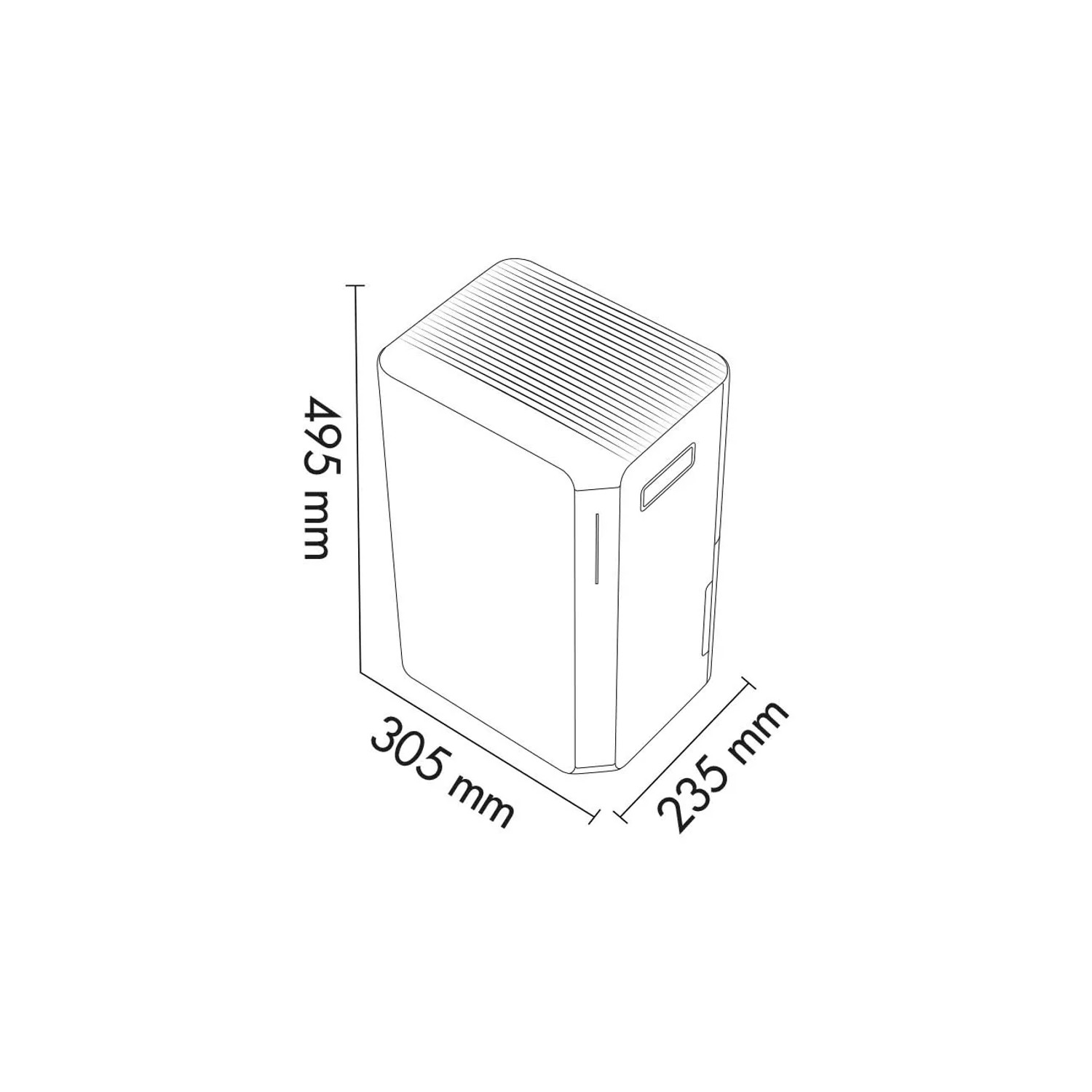 Disegno tecnico di un deumidificatore con dimensioni.