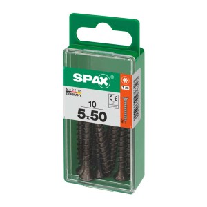 Viti universali Spax 5x50, 10 pezzi in contenitore di plastica verde.