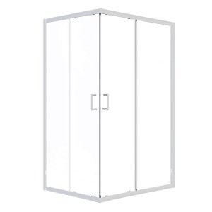 Box doccia t.b.t. con ante in vetro trasparente e telaio argento.