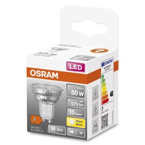 Lampadina LED GU10 Osram, bianco caldo, 6.9W, nella scatola.