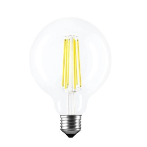 Lampadina LED E27 trasparente con effetto filamento.