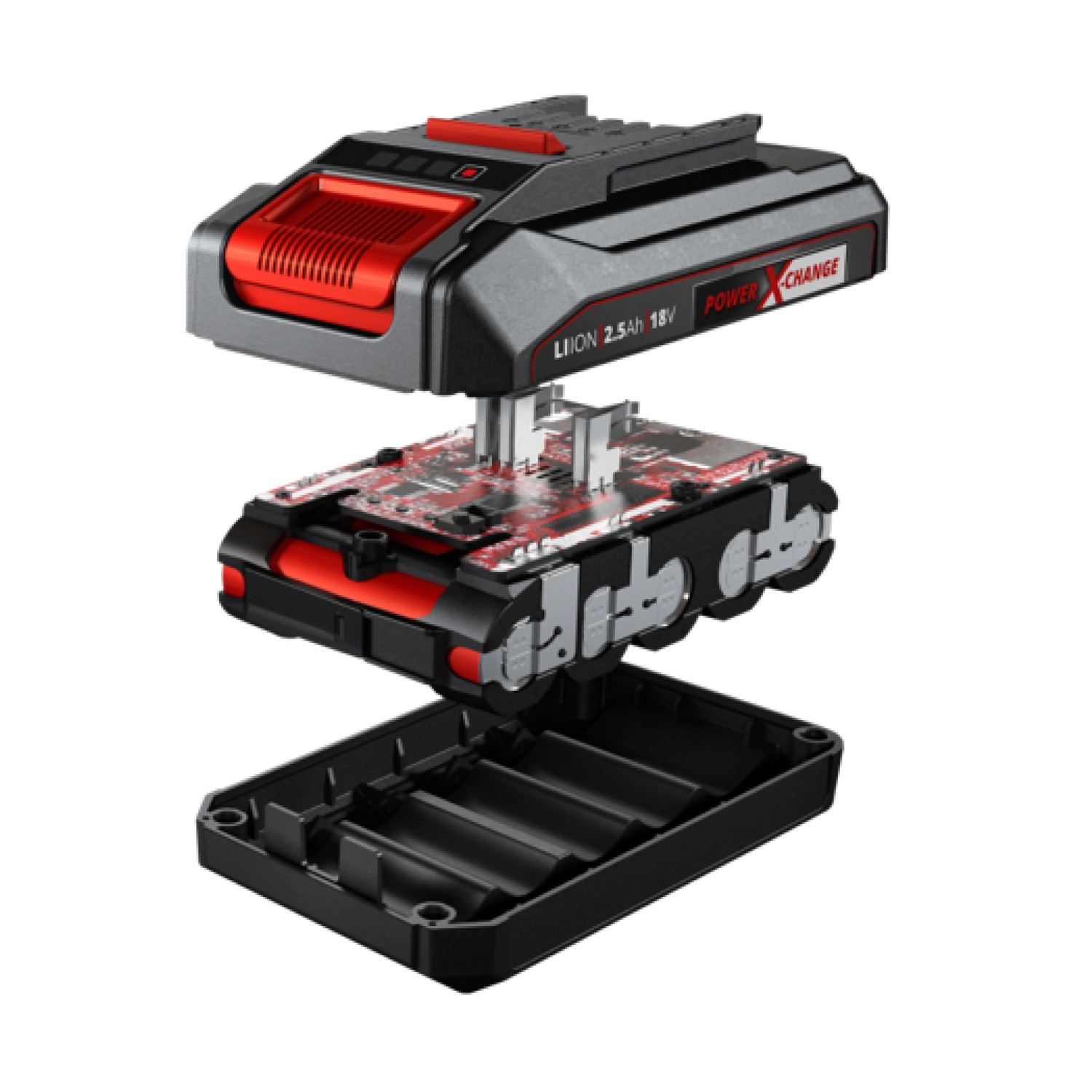 Einhell Power X-Change Starter Kit 18 V 2.5 Ah batteria, mostrata smontata.
