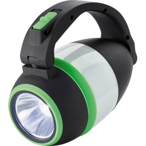 Lanterna a mano LED nera con maniglia e dettagli verdi.