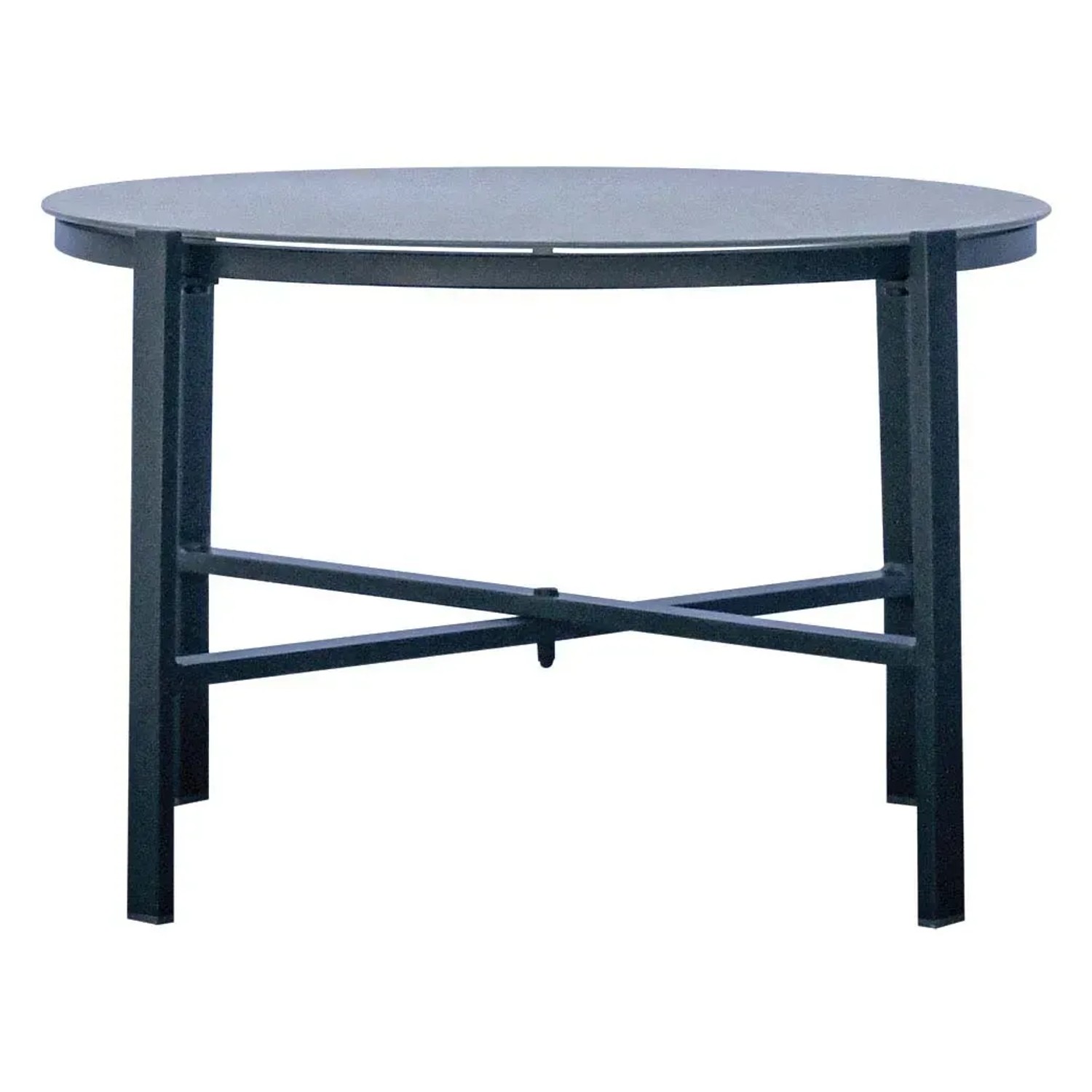 Tavolo da giardino rotondo, parte di un set di mobili, con struttura in metallo scuro.