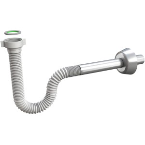 Sifone flessibile per lavabo, bianco e argento.