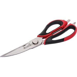 Forbici da carne Char-Broil, utensile per griglia con manici rossi e neri, lame in acciaio inox.