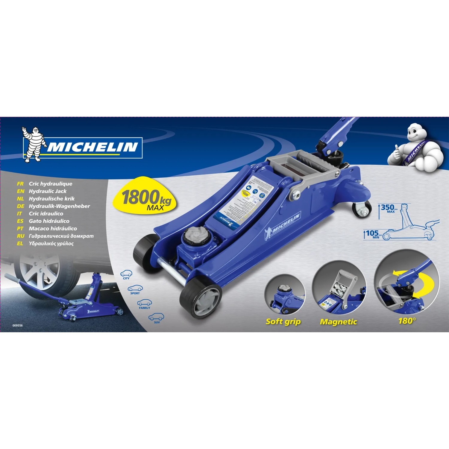 Cric idraulico blu Michelin, portata max 1800 kg, per riparazioni auto.