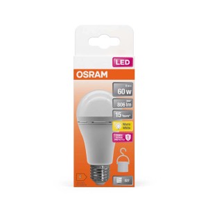 Lampadina LED Osram E27, 60W, bianco caldo nella confezione.
