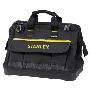 Borsa porta attrezzi Stanley nera con logo giallo e maniglie.