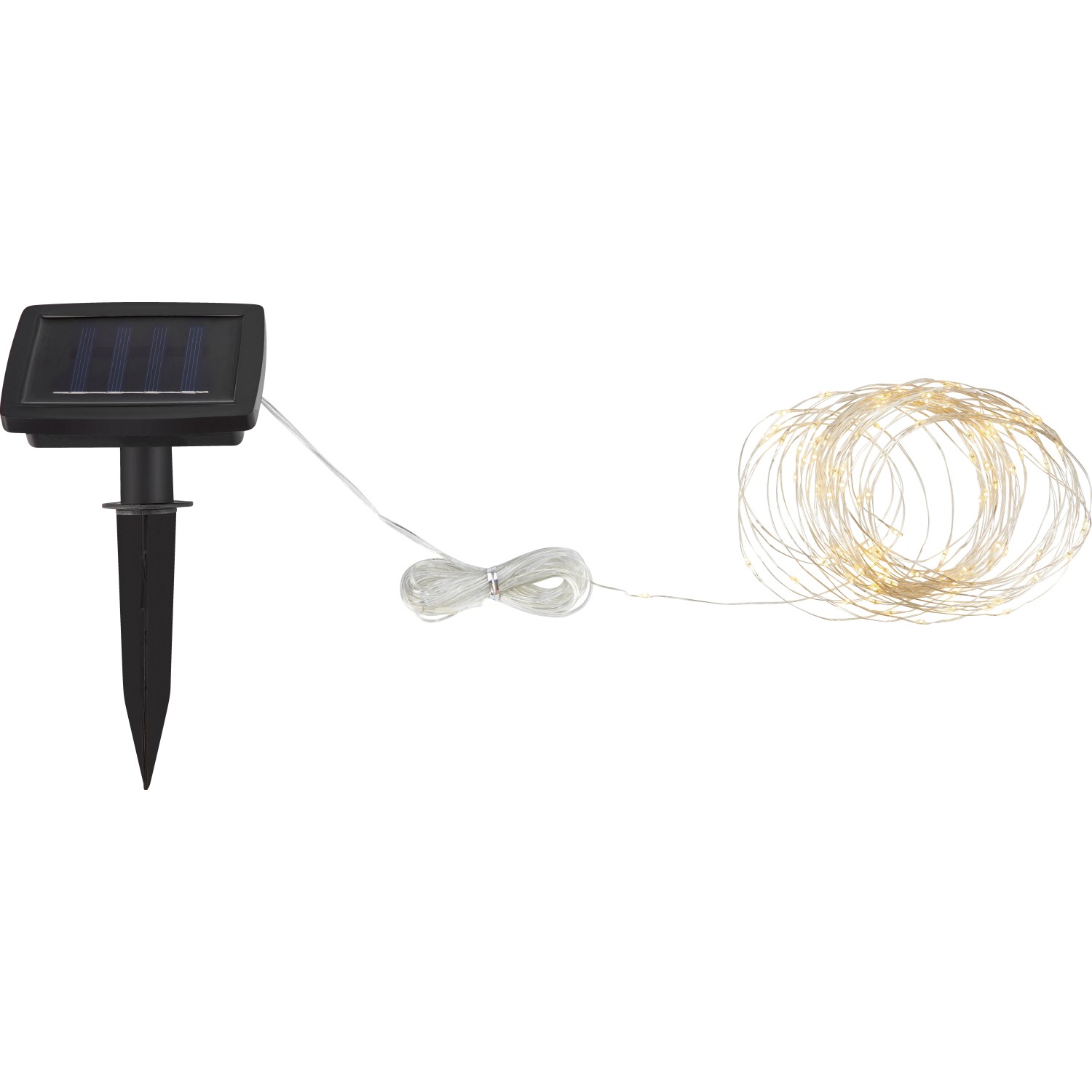 Catena luminosa solare Longo con 100 LED bianco caldo e pannello solare per esterni.