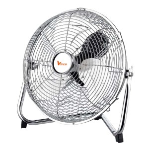 Ventilatore t.b.t. cromato con griglia di protezione e base.