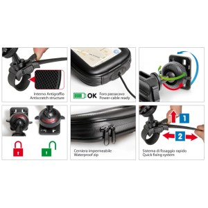 Dettagli dell'accessorio interno auto t.b.t.: supporto, custodia impermeabile, sistema di fissaggio.