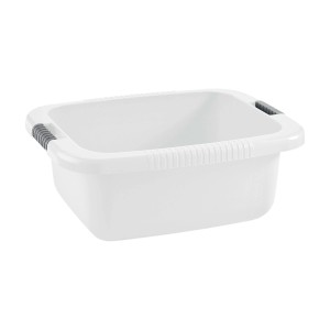 Bacinella/lavabo bianco con manici grigi.