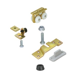 Kit di montaggio Hettich TopLine 8plus per porta in legno (80kg), acciaio zincato, composto da elemento di scorrimento, viti e accessori.