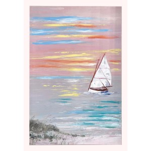 Quadri: Dipinto di una barca a vela in mare al tramonto.