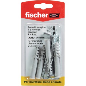 Fischer Tasselli in nylon S 8 RW con gancio, 4 pezzi, per fissaggio sicuro in muratura.