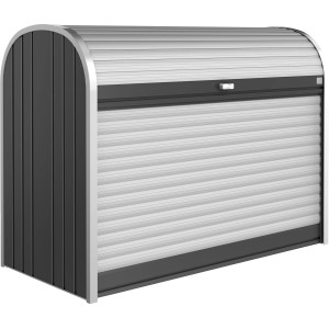 Biohort StoreMax 160 box da giardino, grigio scuro metallizzato, con serranda e serratura a cilindro.
