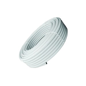 Tubo multistrato t.b.t. bianco arrotolato per impianti idraulici e di riscaldamento.
