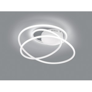 Plafoniera LED moderna con elementi curvi bianchi.