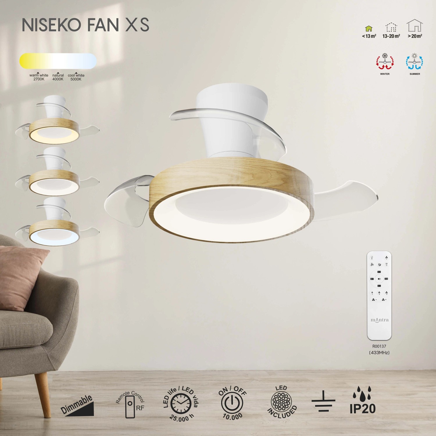 Plafoniera LED Niseko Fan Xs ventilatore 2500 lm luce bianco 26,9x71 cm_6