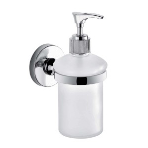 Dispenser sapone a muro, cromo/vetro, per doccia e bagno.