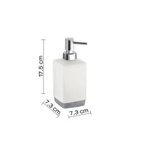 Dispenser sapone t.b.t. bianco con pompa cromata per bagno e cucina.