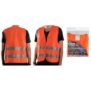 Gilet di sicurezza arancione ad alta visibilità con strisce riflettenti.