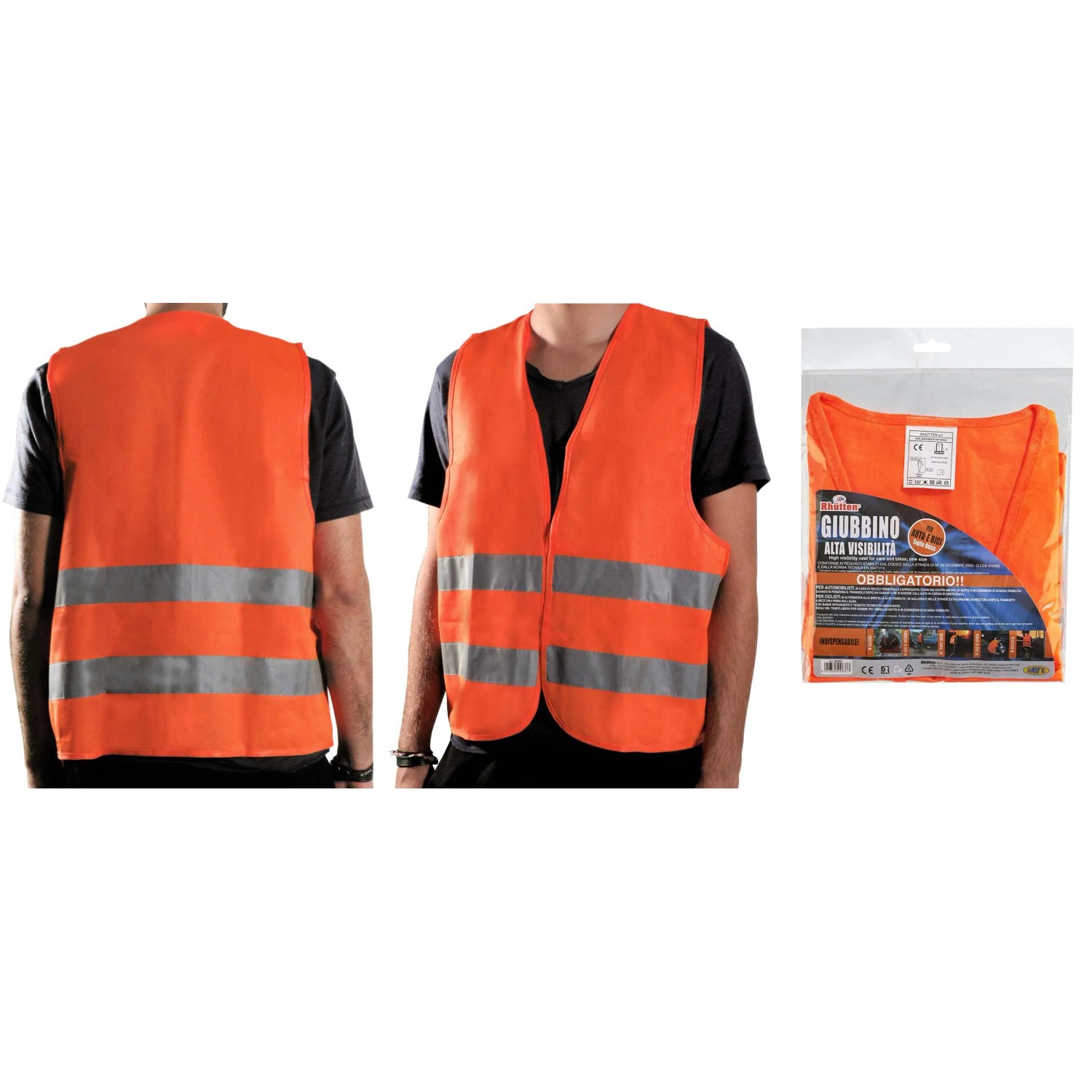 Gilet di sicurezza arancione ad alta visibilità con strisce riflettenti.