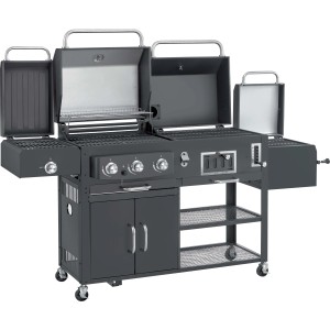Barbecue a gas t.b.t. con diverse superfici di cottura e mobile base.
