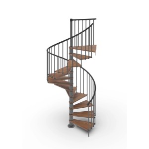 Scala a chiocciola in legno e metallo per interni.