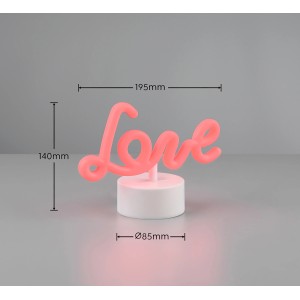 Lampada da tavolo LED Reality Amor bianca con scritta "Love" rosa, dimensioni 14x19,5 cm.