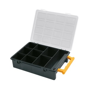 Scatola portaminuteria t.b.t. nera aperta con manico giallo e coperchio trasparente.