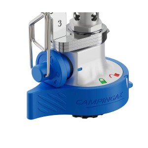 Fornello a gas Campingaz Twister Connect, fornello da campeggio compatto con base blu e bruciatore argento.