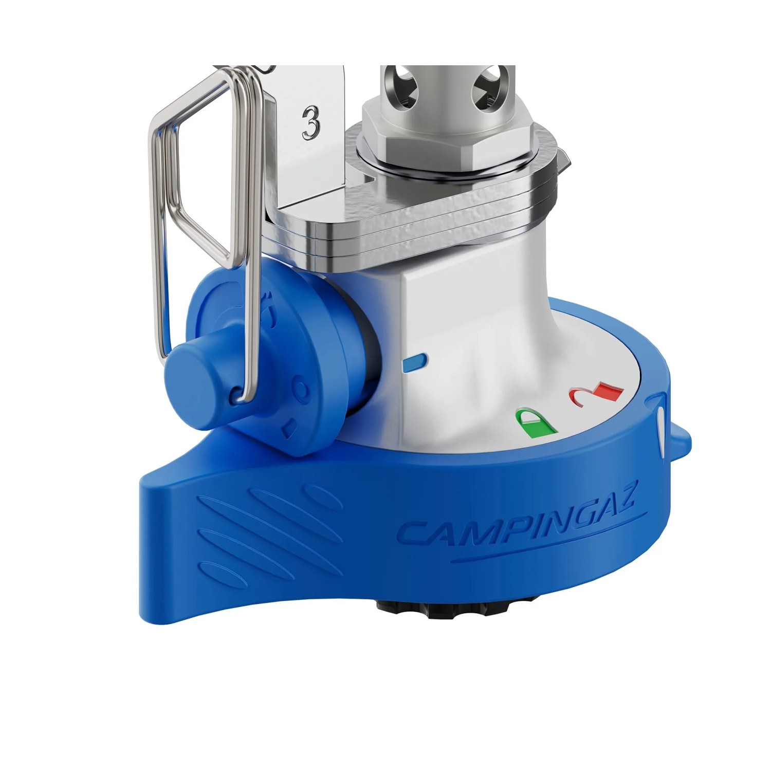 Fornello a gas Campingaz Twister Connect, fornello da campeggio compatto con base blu e bruciatore argento.