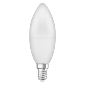 Lampadina LED E14 bianca a forma di goccia.