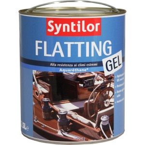 Syntilor Flattig Gel vernice per esterni, barattolo blu con motivo barca.
