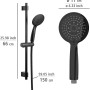 Set doccia nero Wenko Young con asta, doccetta e tubo flessibile, dimensioni indicate.