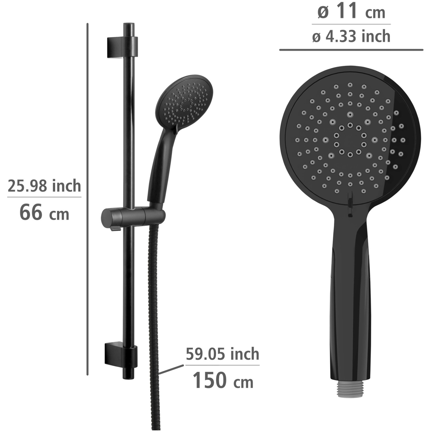 Set doccia nero Wenko Young con asta, doccetta e tubo flessibile, dimensioni indicate.