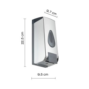 Dispenser sapone cromato t.b.t. con indicatore di livello, dimensioni 22,5 x 9,7 x 9,5 cm.