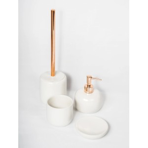 Set bagno t.b.t. composto da dispenser sapone, bicchiere, portasapone e set WC in bianco e rame.